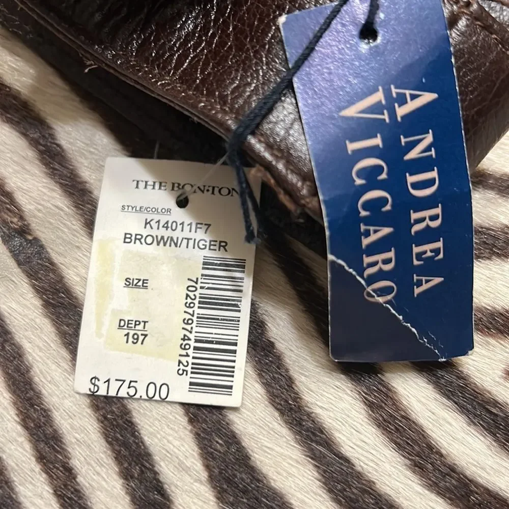 Andrea Viccaro Italy Zebra Calf Hair Tote Bag NWT Genuine Leather 13” BrownWhite